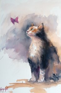Un chat curieux et un papillon - Giorgio Gosti