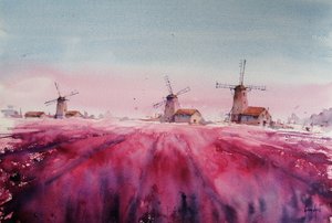 Paysage avec moulin à vent et lavande - Giorgio Gosti