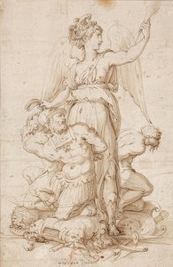 Victoire ailée avec une branche de palmier et trois prisonniers agenouillés sur des trophées. Vers 1540