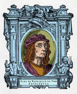 Portrait de Raphaël (Raffaello Sanzio 1483 - 1520) architecte et peintre italien. Gravure du traité "Les Vies des plus excellents peintres, sculpteurs et architectes" (Le Vite de