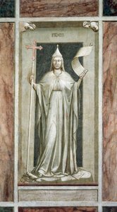 Foi, figure féminine tenant la Croix et un rouleau symbole de la Vérité Révélée, tout en détruisant une idole et en se tenant sur des symboles de la Kabbale, par Giotto, cycle de fresques Les Vices et Vertus, après restauration, Chapelle Scrovegni, Padoue,
