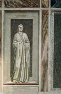 La Tempérance, figure douce avec une épée attachée à son fourreau et une bride à la bouche symbolisant le contrôle des mots, par Giotto, détail du cycle de fresques Les Vices et les Vertus
