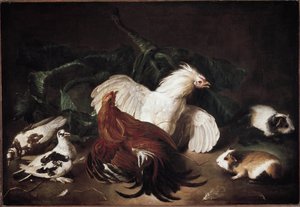 Nature morte avec animaux Poules et hamsters