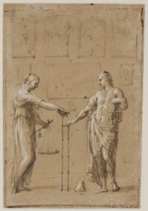 Un homme et une femme en costumes antiques, chacun avec des balances et une règle, devant un mur avec des peintures. Une bourse sur le sol devant l