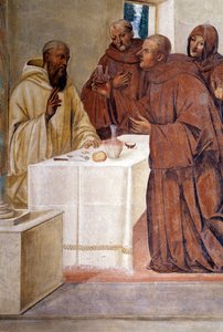 Benoît brise un verre de vin empoisonné en faisant le signe de la croix (détail) fresque du cloître réalisée par Giovan Antonio Bazzi di Sodoma (1477-1549) racontant la vie de Saint Benoît de Nursie (480 - 567) fondateur de l