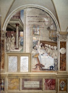 Benoît obtient de la farine en abondance et nourrit les moines - Fresque du cloître réalisée par Antonio Bazzi dit il Sodoma (1477 - 1549) racontant la vie de Saint Benoît de Nursie (480 - 567) fondateur de l