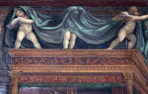 La Sala delle Nozze di Alessandro e Rossana (détail) de putti jouant sous le baldaquin du lit - Giovanni Antonio Bazzi Sodoma