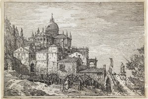 Paysage avec une église, des maisons et un moulin - Giovanni Antonio Canal