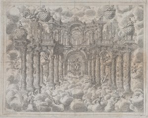 Planche 2 [contre-épreuve] : Décor de scène avec des figures allégoriques assises parmi les nuages - Giovanni Antonio Lorenzini