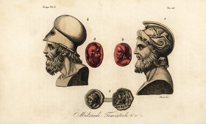 Busts et gemmes des politiciens athéniens Miltiade le Jeune, Thémistocle et le roi Pyrrhus I