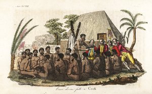 Les indigènes hawaïens offrent un cochon sacrificiel au capitaine James Cook devant 12 prêtres et une idole en bois dans la maison sacrée d