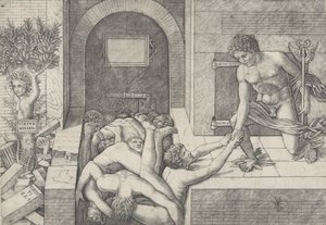 Ignorance et Mercure une allégorie de la Vertu et du Vice, Mercure agenouillé à droite - Giovanni Antonio da Brescia