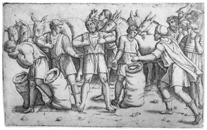 La coupe de Joseph trouvée dans le sac de Benjamin, histoire biblique de Joseph, Genèse 44, vers 1520-25