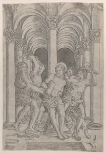 La Flagellation du Christ attaché à une colonne au centre dans une arcade, 1509 - Giovanni Antonio da Brescia