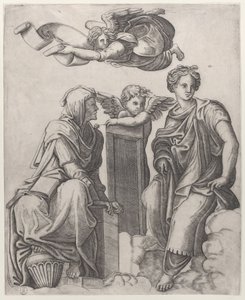 Deux figures féminines assises dans les nuages entourant un ange et un autre volant au-dessus, ca. 1510-25