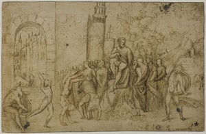 Acrobates se produisant devant une règle (recto) ; scène en plein air avec un groupe de personnages (verso) - Giovanni Antonio da Pordenone