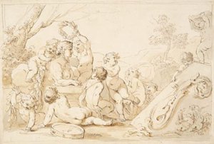 Putti jouant couronnant un sphinx