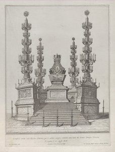 Catafalque pour le Pape Clément X: une structure centrale élevée sur une plateforme à 15 marches - Giovanni Battista Falda