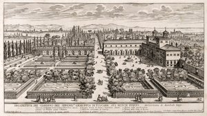 Perspective des jardins de la Villa Médicis à Rome, gravure de Li Giardni (Les Jardins) par Giovanni Battista Falda (1640 ou 1643-1678)