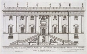 Vue de la façade du Palazzo Senatorio sur la Piazza del Campidoglio, Rome, commencé par Michel-Ange Buonarroti (1475-1564) et achevé par Girolamo Rainaldi (1570-1655) - Giovanni Battista Falda