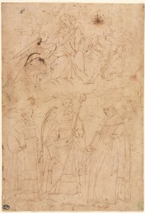 Madone et enfant en gloire au-dessus de trois saints