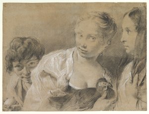 Garçon avec un œuf, fille avec une poule et femme observant - Giovanni Battista Piazzetta