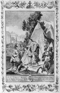 Croisés au siège de Jérusalem, gravure par Giovanni Battista Piazzetta pour le Chant III de Jérusalem délivrée, par Torquato Tasso, publié par Giovanni Battista Albrizzi, Venise, Italie