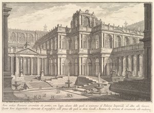 Forum romain antique entouré de portiques, avec des loggias, dont certaines communiquent avec..., vers 1750 - Giovanni Battista Piranesi