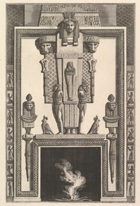 Cheminée de style égyptien : Momie superposée à une grande cariatide au-dessus du linteau, 1769