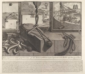 Panneau de démonstration montrant la technique pour soulever des blocs de travertin et de marbre pour la con..., 1756 - Giovanni Battista Piranesi