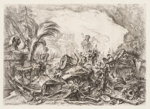Groteschi : Ruines avec une statue de faune et une colonne tombée