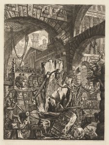 Les Prisons : Un méli-mélo architectural, avec un homme sur le rocher au premier plan, 1745-50 - Giovanni Battista Piranesi
