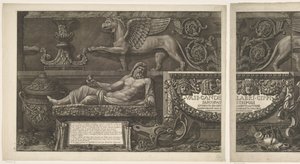Page de titre avec sculptures, reliefs sculptés et un sarcophage avec titre Vases, chandeliers, pierres tombales, sarcophages, trépieds, lampes et ornements conçus et gravés par Giovanni Battista Piranesi (titre de la série) Vasi, candelabri, cippi, sarcof