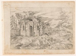 Paysage avec temple antique avec cariatides