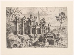 Paysage avec ruines antiques, sculpture et obélisque, Paysages avec ruines (titre de la série) - Giovanni Battista Pittoni (I)