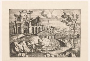 Paysage avec ruines et architecture fantastique au bord de l