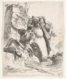 Une scène de nécromancie : une femme portant un récipient, un homme turbané et un soldat regardant