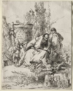 Scherzi di Fantasia : magicien assis, garçon et quatre figures - Giovanni Battista Tiepolo