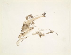 Figure assise avec la tête tournée vers la gauche et le bras droit levé, vue d