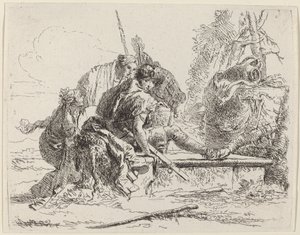 Soldat assis sur une tombe avec des figures environnantes