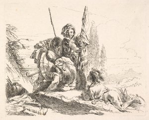 Trois soldats et un jeune homme allongé sur son abdomen dans un paysage, les soldats portent un..., vers 1740-42