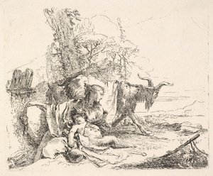 Femme et satyre enfant dans un paysage, la femme se tournant pour regarder par-dessus son épaule gauche