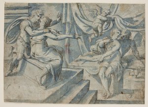 Un couple amoureux sur un lit est découvert par un putto pour un soldat romain et sa femme - Giovanni Bellini