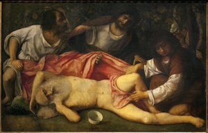Ivresse de Noé (Noé, ivre, est découvert nu par ses trois fils, Sam et Japhet, qui veulent couvrir leur père, sont retenus par le méchant Cham) (peinture de Giovanni Bellini)