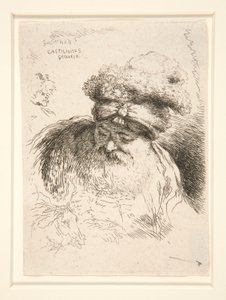 Un vieil homme avec une grande barbe, vu de face, la tête et les yeux baissés, de la série Les petites têtes d