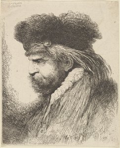 Homme barbu avec un bonnet de fourrure, face à gauche