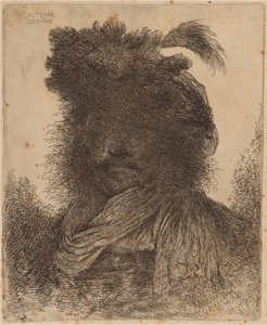 Homme barbu au visage ombragé, portant une écharpe et un chapeau à plumes - Giovanni Benedetto Castiglione