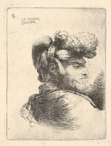 Homme de profil face à droite, portant un chapeau de fourrure, de la série des Petites Têtes en Orient