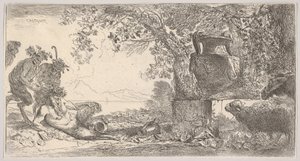 Pan allongé à gauche avec deux satyres debout, un grand vase sur un piédestal à droite, vers 1645 - Giovanni Benedetto Castiglione