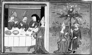 Décaméron,Lidia tue l’épervier de son mari; la femme converse avec son mari dans la prairie . Septième journée, nouvelle 9 - Giovanni Boccaccio